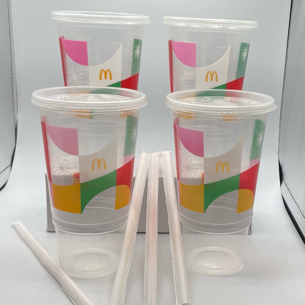 2023 McDonald’s Set of 4 Holiday Cups large with lids and straws.
